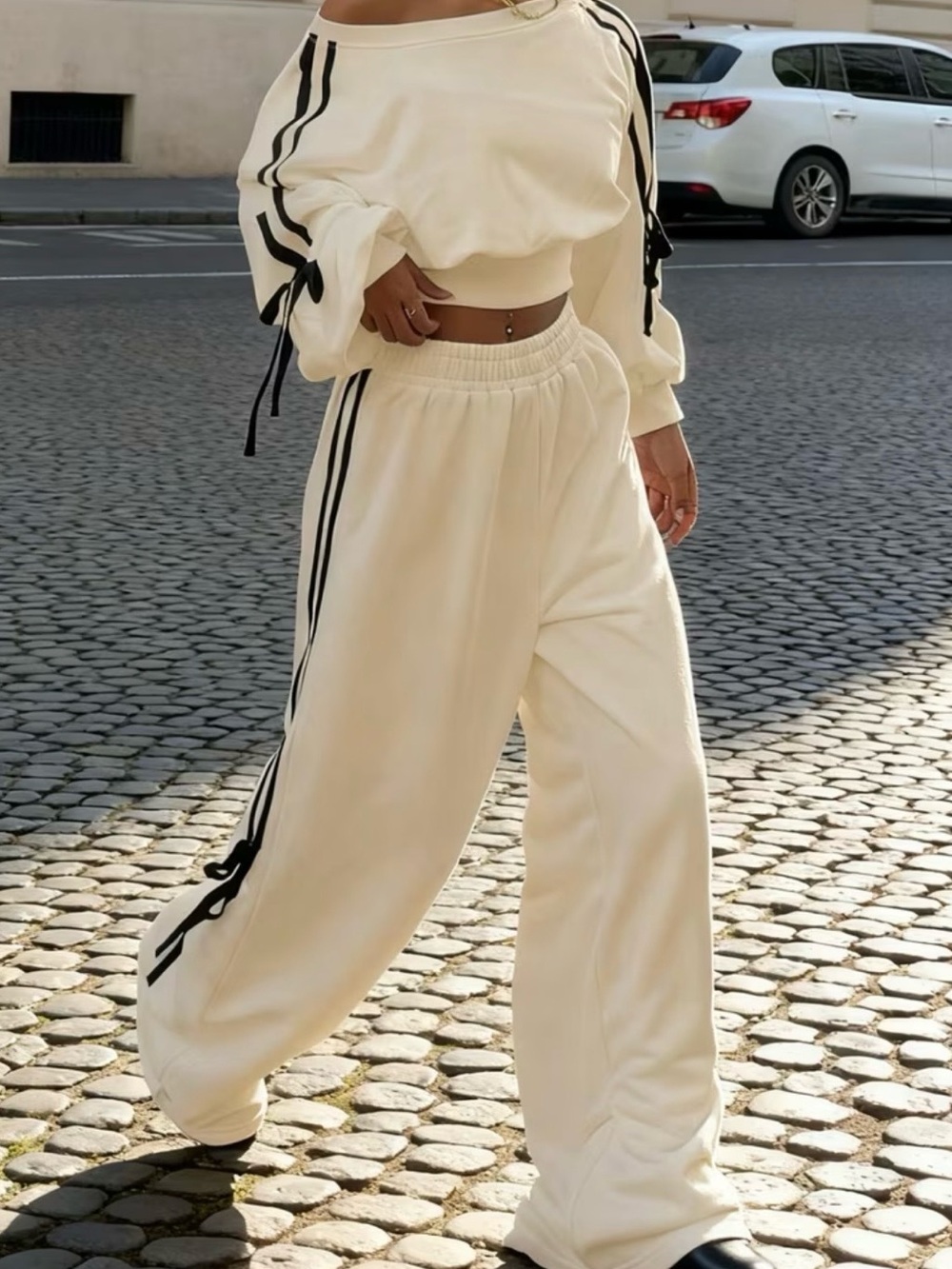 Women's Cream Lounge Set Wide-Leg Pants and Cropped Top Size M